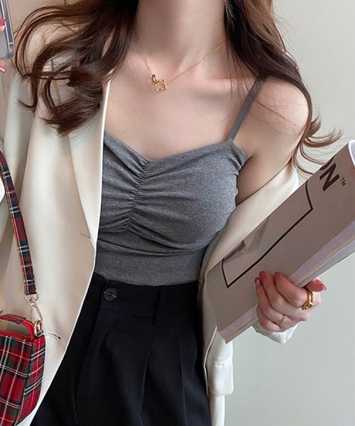 SEU(エスイイユウ)/立体カップ付きギャザーブラキャミソール 見せるインナー バストアップ効果 美胸 オールシーズン 韓国ファッション/img30