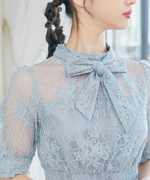 niana ニアナ 結婚式 ワンピース パーティードレス ボウタイ リボン 総レース ボリューム袖 パフスリーブ シャーリング ロング丈 袖あり 半袖 小さいサ ニアナ ウエスト