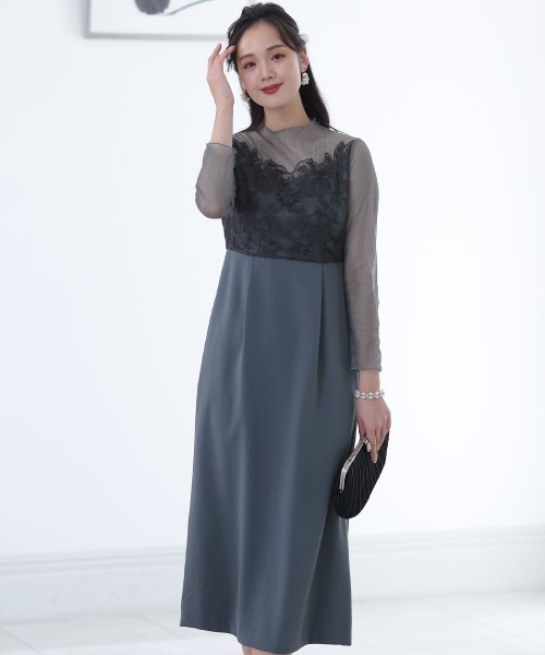 刺繍レース×ラメチュール切替ワンピース 