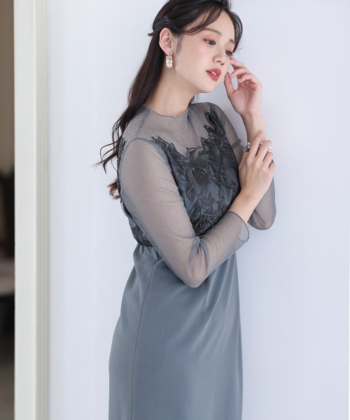 刺繍レース×ラメチュール切替ワンピース 