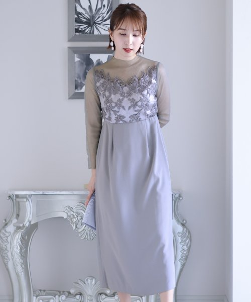 刺繍レース×ラメチュール切替ワンピース 