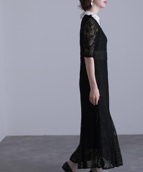 刺繍襟付きレースワンピース 