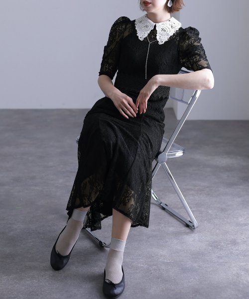 刺繍襟付きレースワンピース 