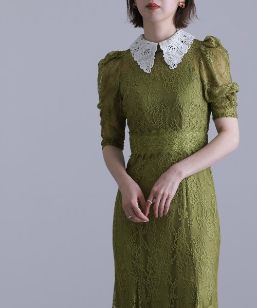 刺繍襟付きレースワンピース 
