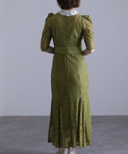 刺繍襟付きレースワンピース 