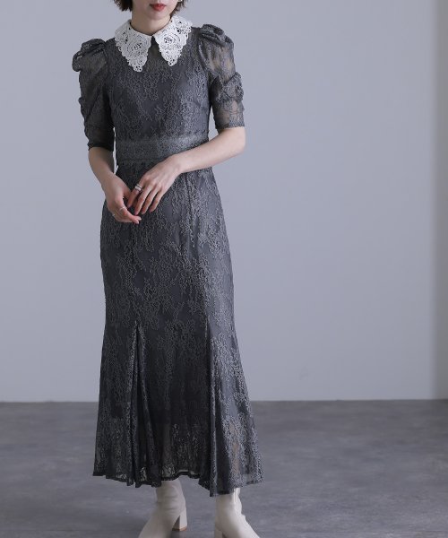 刺繍襟付きレースワンピース 