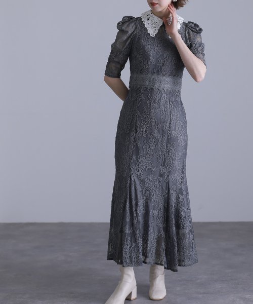 刺繍襟付きレースワンピース 