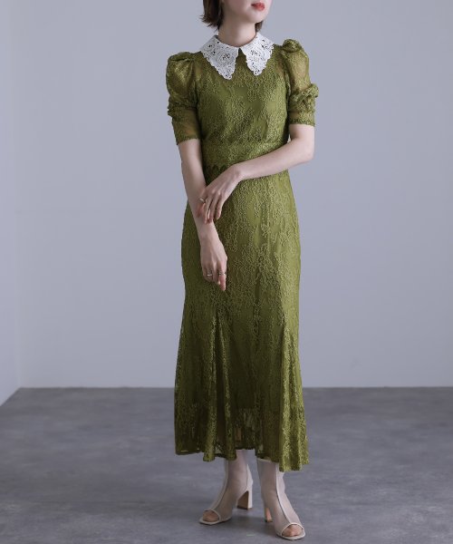 刺繍襟付きレースワンピース 