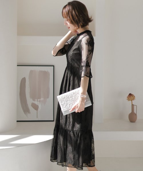 フラワーレース×ラメチュールバックリボンワンピース 