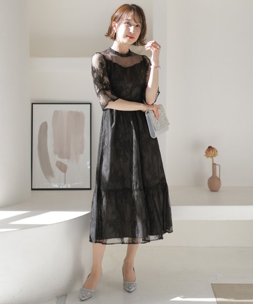 フラワーレース×ラメチュールバックリボンワンピース 