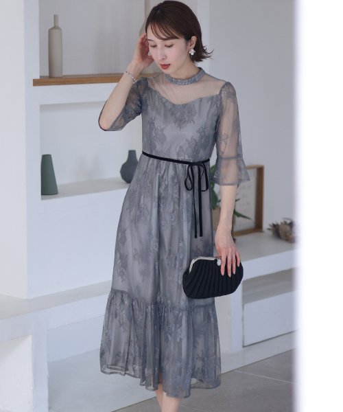 フラワーレース×ラメチュールバックリボンワンピース 