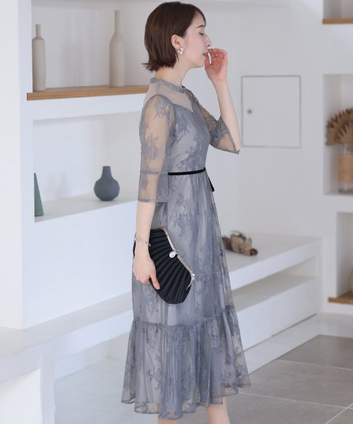 フラワーレース×ラメチュールバックリボンワンピース 