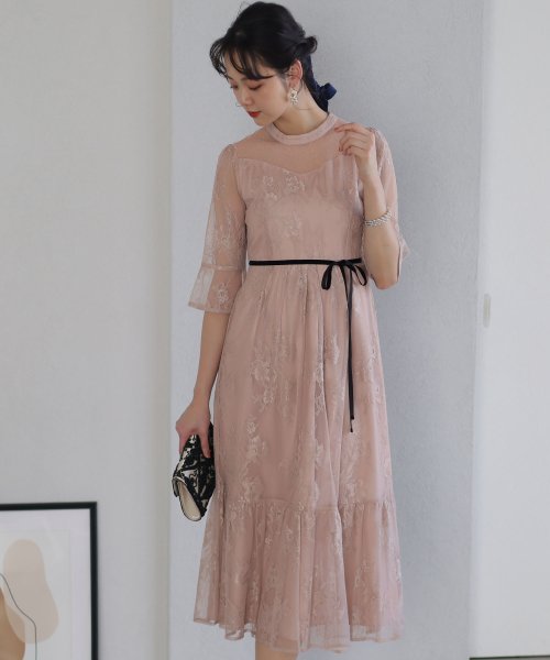 フラワーレース×ラメチュールバックリボンワンピース 