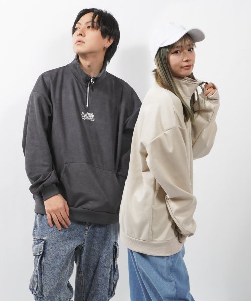 1111clothing(ワンフォークロージング)/ハーフジップ トレーナー メンズ オーバーサイズ スウェット レディース ビッグシルエット トップス 長袖 プルオーバー ワンポイント 刺繍 大きいサイズ 韓国/img14