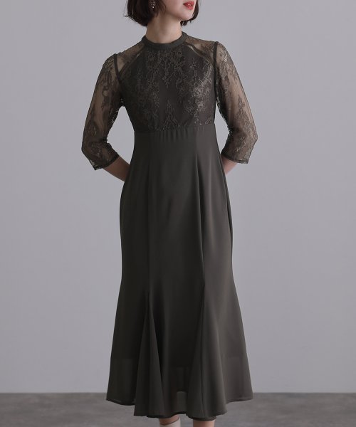 レースハイウエスト切替えマーメイドワンピース 