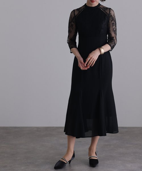 レースハイウエスト切替えマーメイドワンピース 