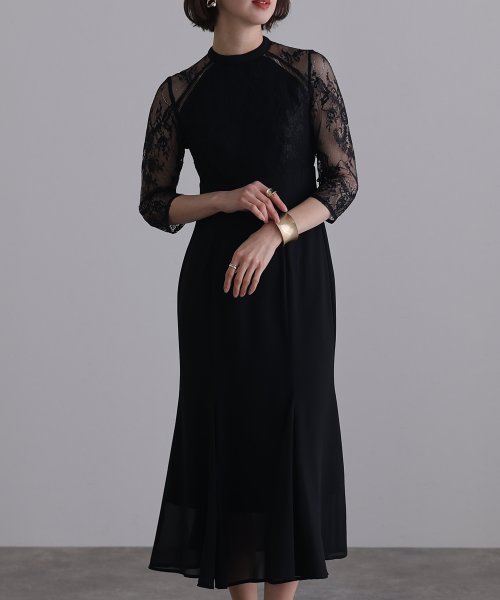 レースハイウエスト切替えマーメイドワンピース 