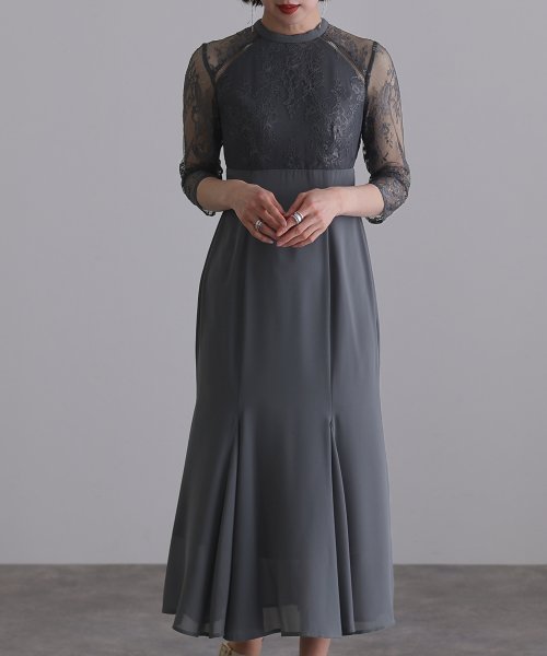 レースハイウエスト切替えマーメイドワンピース 