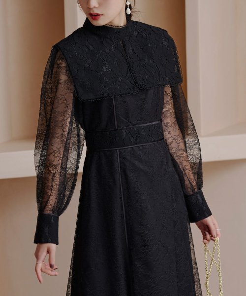 レースコンビネーションビブカラーマーメイドシルエットワンピース「U1177」 