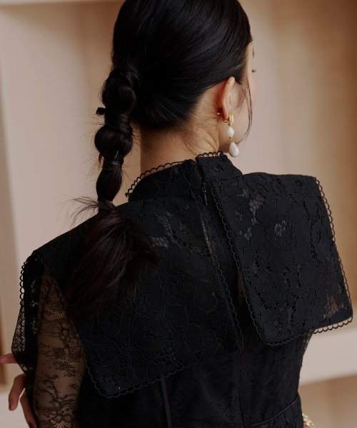 レースコンビネーションビブカラーマーメイドシルエットワンピース「U1177」 