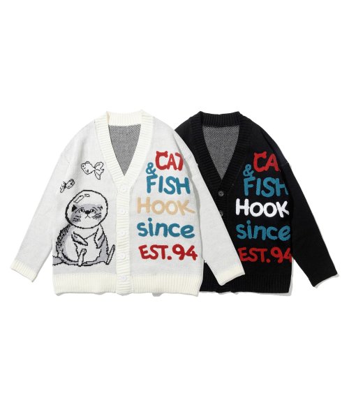 HOOK(HOOK（フック）)/【HOOK】 －original－ 激かわ「CAT＆FISH」英字刺繍猫イラストカーディガン/img01