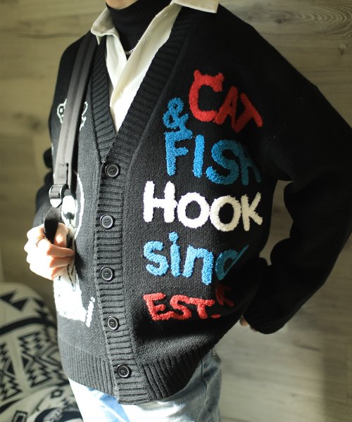 HOOK(HOOK（フック）)/【HOOK】 －original－ 激かわ「CAT＆FISH」英字刺繍猫イラストカーディガン/img17