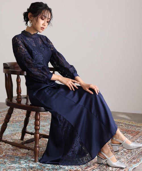 レース×サテン切替ワンピース 