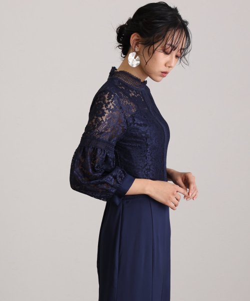 レース×サテン切替ワンピース 