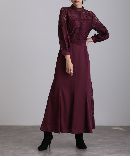 レース×サテン切替ワンピース 