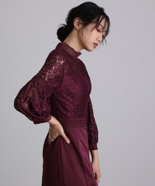 レース×サテン切替ワンピース 