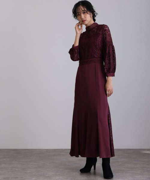 レース×サテン切替ワンピース 