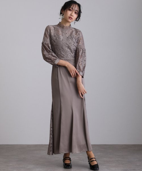 レース×サテン切替ワンピース 