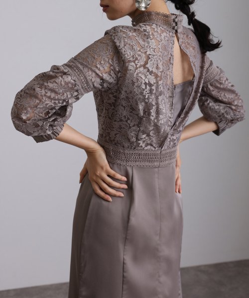 レース×サテン切替ワンピース 