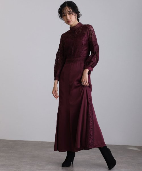 レース×サテン切替ワンピース 