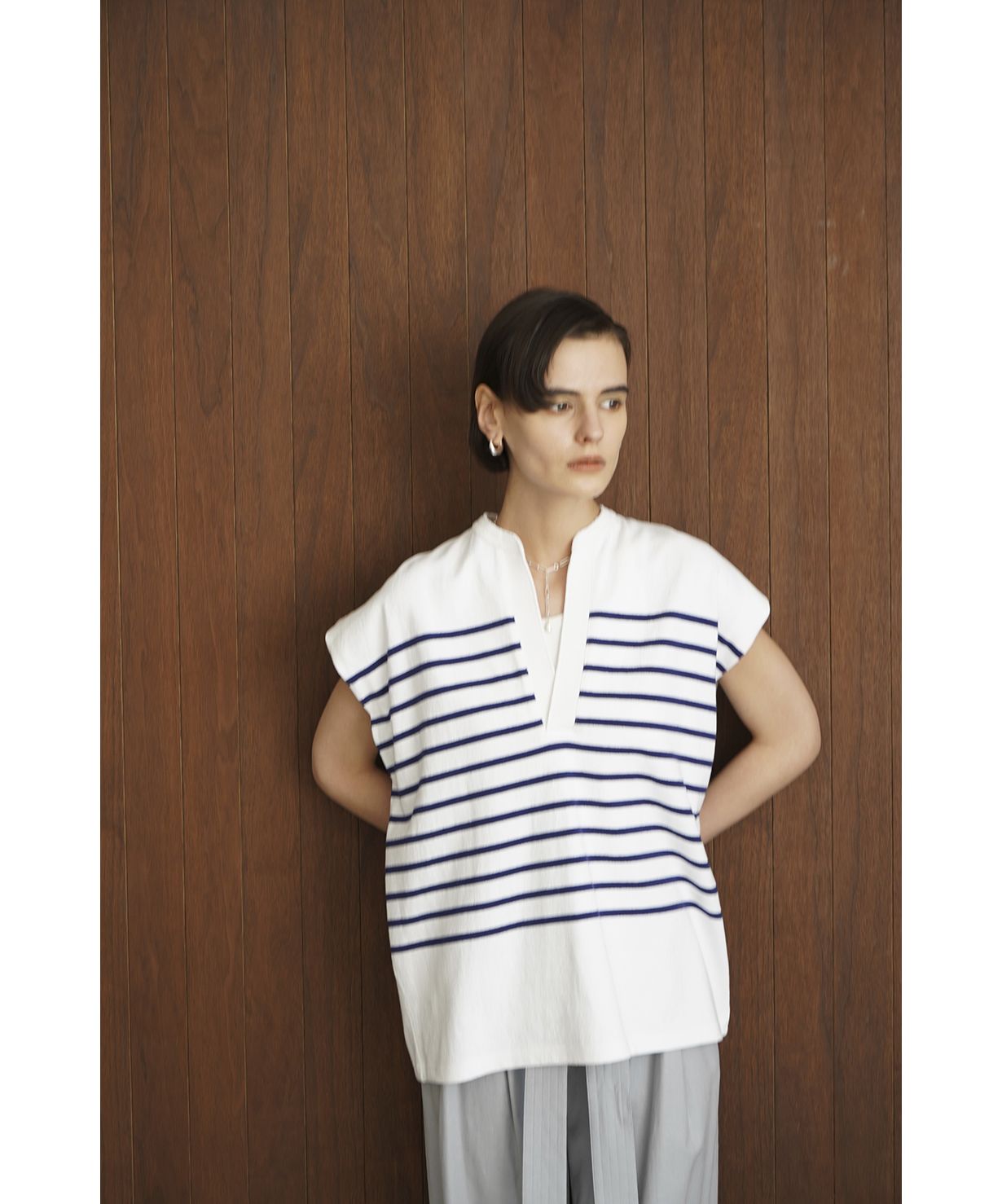 WIDE HENLEY NECK N/S BORDER TOPS