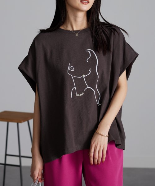 Ranan(ラナン)/パール調ビジュー付フロッキープリントTシャツ/img01