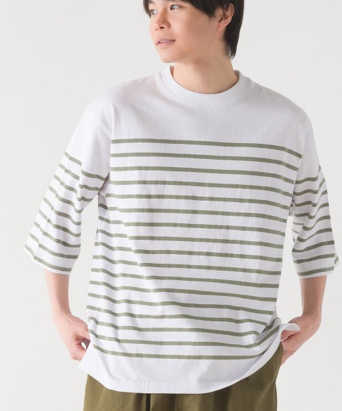 OMNES(オムネス)/【OMNES】メンズ パネルボーダーコットン5分袖Tシャツ/img15
