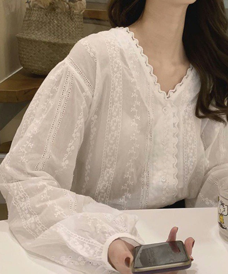 刺繍ブラウス レディース花柄 春 長袖 shirt Vネックシャツ オシャレ オフィスカジュアルブラウス春 韓国風 大人可愛い ノーカラー