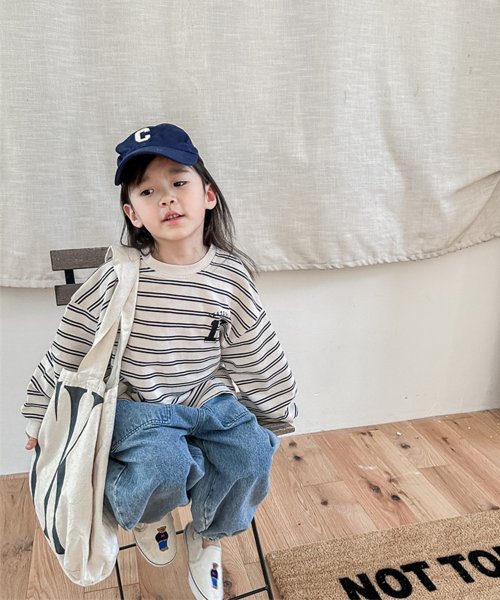 aimoha(aimoha（アイモハ）)/【aimoha－KIDS－】韓国子供服　アメカジ風刺繍入りボーダービッグシルエットロンTEE/img02