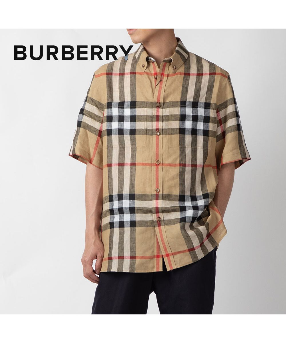 バーバリー BURBERRY 8051073 シャツ メンズ トップス 半袖 ショートスリーブ チェック リネン オーバーサイズシャツ カジュアル  リネン シグ