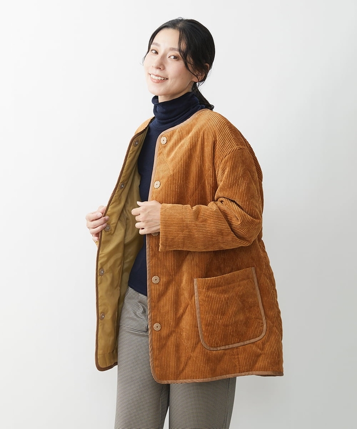 バックコードキルティングノーカラーコート