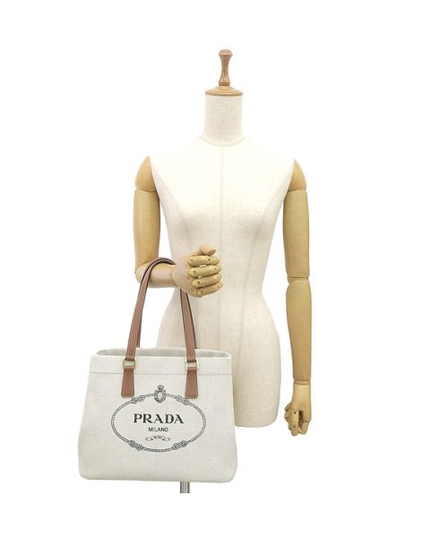 セール】PRADA プラダ SMALL LINEN BLEND AND LEATHER TOTE リネン ...