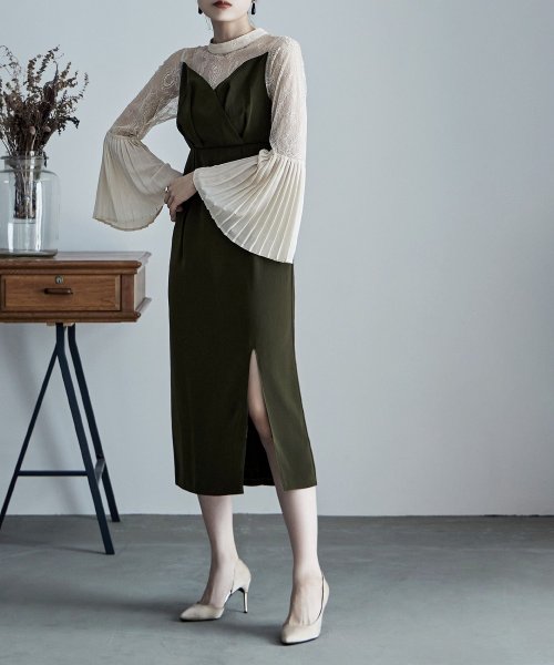 プリーツベルスリーブIラインドレス ワンピース フォーマル 結婚式 二次会 ベルスリーブ プリーツ袖 レース袖 オケージョンワンピ レース パーティードレス ハ 結婚式 二次会 備考 ポリエステル100%