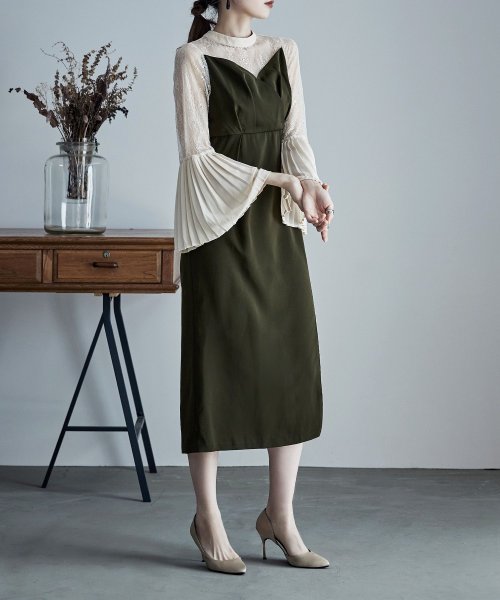 プリーツベルスリーブIラインドレス ワンピース フォーマル 結婚式 二次会 ベルスリーブ プリーツ袖 レース袖 オケージョンワンピ レース パーティードレス ハ 結婚式 二次会 備考 ポリエステル100%