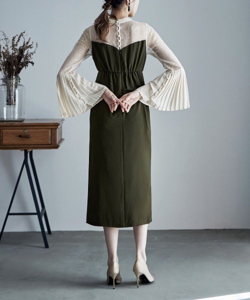 プリーツベルスリーブIラインドレス ワンピース フォーマル 結婚式 二次会 ベルスリーブ プリーツ袖 レース袖 オケージョンワンピ レース パーティードレス ハ 結婚式 二次会 備考 ポリエステル100%