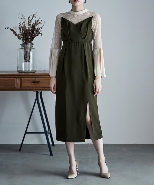 プリーツベルスリーブIラインドレス ワンピース フォーマル 結婚式 二次会 ベルスリーブ プリーツ袖 レース袖 オケージョンワンピ レース パーティードレス ハ 結婚式 二次会 備考 ポリエステル100%