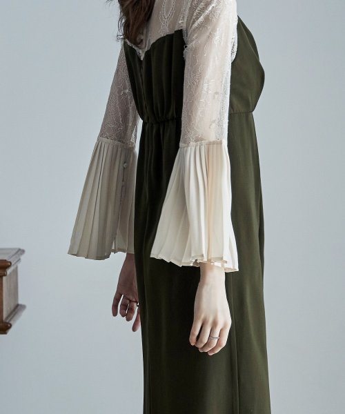 プリーツベルスリーブIラインドレス ワンピース フォーマル 結婚式 二次会 ベルスリーブ プリーツ袖 レース袖 オケージョンワンピ レース パーティードレス ハ 結婚式 二次会 備考 ポリエステル100%