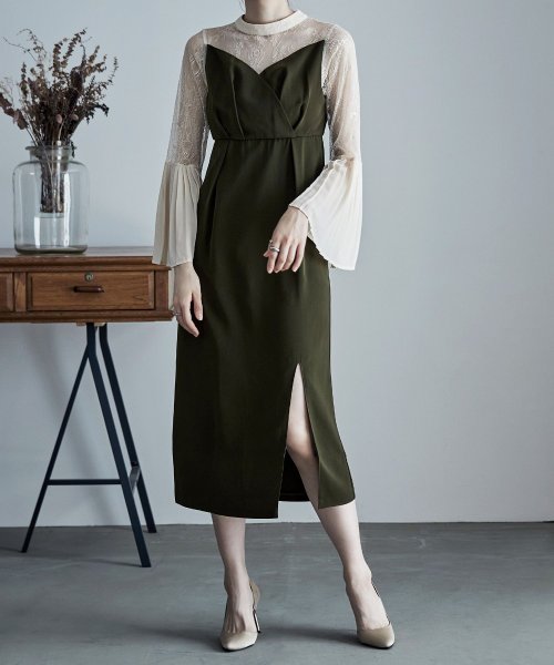 プリーツベルスリーブIラインドレス ワンピース フォーマル 結婚式 二次会 ベルスリーブ プリーツ袖 レース袖 オケージョンワンピ レース パーティードレス ハ 結婚式 二次会 備考 ポリエステル100%