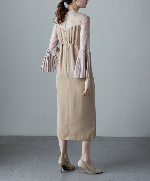 プリーツベルスリーブIラインドレス ワンピース フォーマル 結婚式 二次会 ベルスリーブ プリーツ袖 レース袖 オケージョンワンピ レース パーティードレス ハ 結婚式 二次会 備考 ポリエステル100%