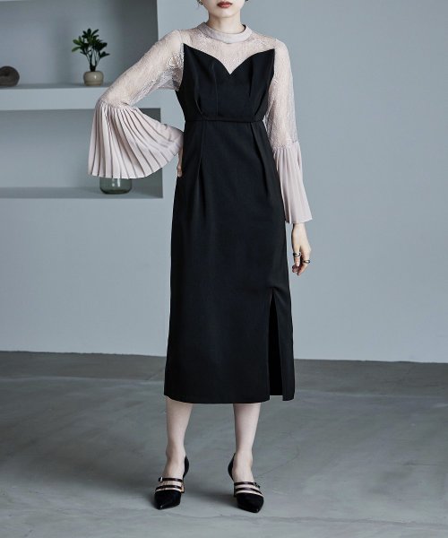 プリーツベルスリーブIラインドレス ワンピース フォーマル 結婚式 二次会 ベルスリーブ プリーツ袖 レース袖 オケージョンワンピ レース パーティードレス ハ 結婚式 二次会 備考 ポリエステル100%